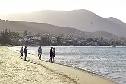 Nutgrove Beach looking toward Sandy Bay homes and kunanyi / Mount Wellington.