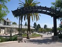 View of the Centennial Plaza in the foreground and the Downtown Mountain View station in the background