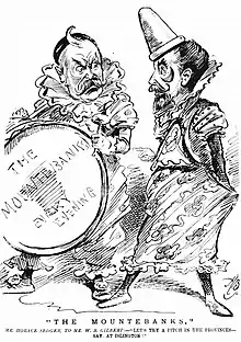 caricature of two middle-aged white men, one moustached, one moustached and bearded, dressed in Harlequinade costumes