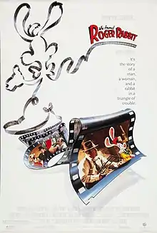 Theatrical release poster depicting filmstrips shaped like Roger Rabbit. The title "Who Framed Roger Rabbit" and a text "It's the story of a man, a woman, and a rabbit in a triangle of trouble." are shown at the left top of the image.