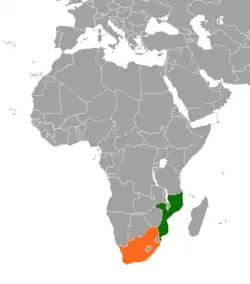 Map indicating locations of Mozambique and  South Africa