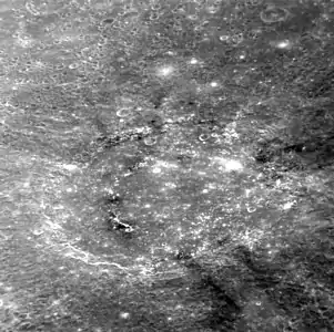 The first image of Mozart crater, acquired on MESSENGER's first flyby on 14 January 2008