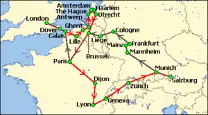  Simplified chart of a sector of western Europe and southern England. A green arrowed line shows the party's outward journey from Salzburg to London via Mannheim, Cologne, Liege, Brussels and Paris. A red line indicates the return via the Netherlands, Paris, Lyons, Geneva and Zürich.