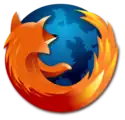 The first logo for the Firefox web browser, featuring an orange fox overlooking a globe