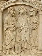 Detail of a sarcophagus depicting the Christian belief in the multiplication of bread loaves and fish by Jesus Christ, c. 350-375 AD, Vatican Museums