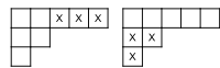 Example of the border-strip tableaux involved in computing a particular symmetric group character value using the recursive Murnaghan-Nakayama rule.