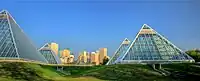 Muttart Conservatory with downtown Edmonton in distance