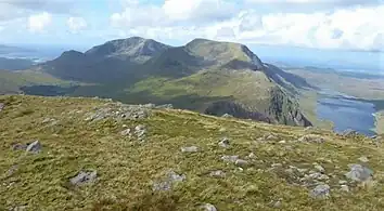 Mweelrea (back left), and Ben Lugmore (centre), and Doo Lough (right), from summit of Ben Gorm