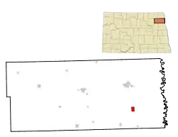 Location of Minto, North Dakota. (The upper map is the state of North Dakota with Walsh County in red; the lower map is Walsh County with Minto in red.)