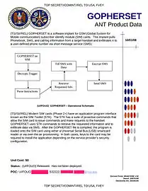 GOPHERSET - Software implant for GSM subscriber identity module (SIM) cards that pulls out address books, SMS (Short Message Service) text messages, and call log information