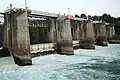 Savannah Bluff Lock and Dam; Dam structure, Gates 1 and 5 open.