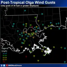 Map showing the location and strength of peak wind gusts in the lower Mississippi valley 39 mph (63 km/h)