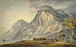 Image 37The geologic folding seen at the Arpanaz waterfall, shown here in a mid-18th-century drawing, was noted by 18th-century geologists. (from Alps)