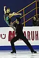 An ice dancing lift (performed by pairs skaters) with the lifting partner in an Ina Bauer position (Narumi Takahashi & Mervin Tran)