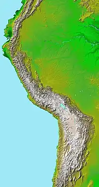 Image 13Topographic map of the Andes by the NASA. The southern and northern ends of the Andes are not shown. The Bolivian Orocline is visible as a bend in the coastline and the Andes lower half of the map. (from Andean orogeny)