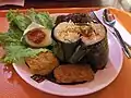 Nasi bakar ayam with tempeh and tofu