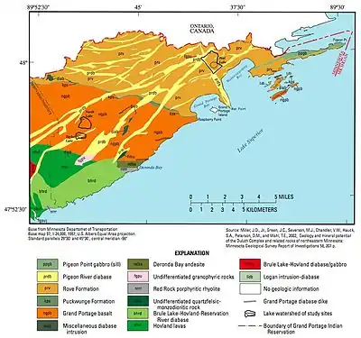 This bedrock map of the extreme northeastern tip of Minnesota shows the Rove Formation intruded by the Pigeon River diabase. The Puckwunge Formation is the very thin green band stretching from Raspberry Point on Lake Superior west-northwest inland.