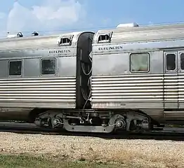 A closeup of a jacobs bogie on the preserved Nebraska Zephyr