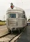 The observation car on the Nebraska Zephyr at the Illinois Railway Museum in Union, Illinois, showing a rectangular drumhead.