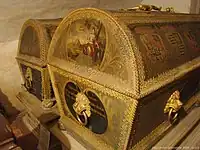 Ornately decorated coffins of Duke Friedrich of Württemberg-Neuenstadt and his wife Duchess Clara Augusta of Braunschweig-Wolfenbüttel in the burial vault of St. Nicholas Church in Neuenstadt am Kocher, Germany.