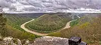 Grandview overlook of the New River in a horseshoe bend with a V-shaped valley covered in forest