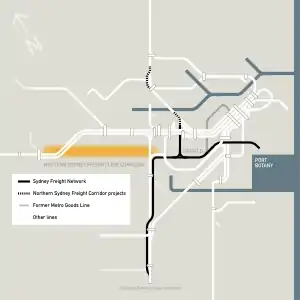 New South Wales Metropolitan Rail Area with Sydney Freight network highlighted in black.