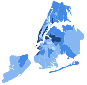 A map of Assembly districts by their vote in the 1929 New York City mayoral election. All voted for Walker to varying degrees.