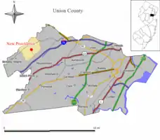 Location of New Providence in Union County, New Jersey. Inset: Location of Union County in New Jersey.