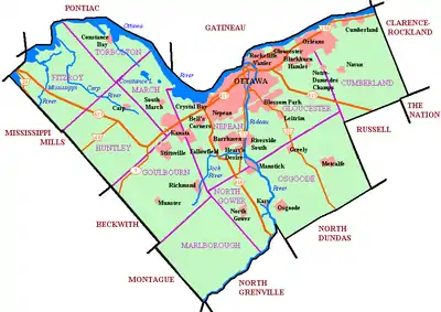 Map of City of Ottawa showing the former Cumberland Township and Cumberland Village.