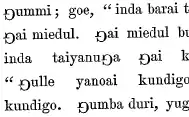 An 1856 text in Gamilaraay, using a rotated capital G as a substitute for ŋ.