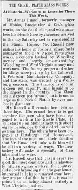 newspaper article about Nickel Plate Glass Company with many employees from Wheeling