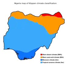 A map snowing the various Köppen climate classification zones of Nigeria. There are five colors defining the distinct zones.