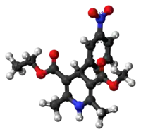 Ball-and-stick model of the nitrendipine molecule