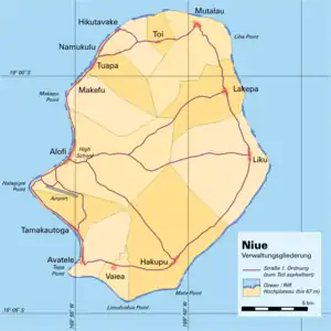 Administrative map of Niue showing all the villages. Alofi is on the western side of the island