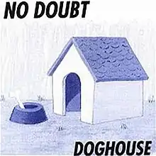 A white background displaying a blue, cartoon doghouse.