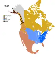 Map showing Non-Native Nations Claim_over NAFTA countries c. 1809