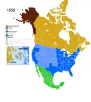 Map showing Non-Native American Nations Control over N America c. 1859