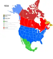 Map showing Non-Native American Nations Control over N America c. 1934