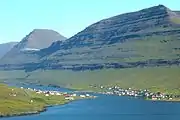 Norðdepil on Borðoy (left) and Hvannasund on Viðoy (right), with the causeway visible between them.