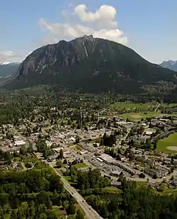 Aerial view of North Bend with Mount Si