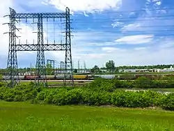 A view of a trainyard in North Riverfront, St. Louis as seen from the St. Louis Riverfront Trail, May 2018