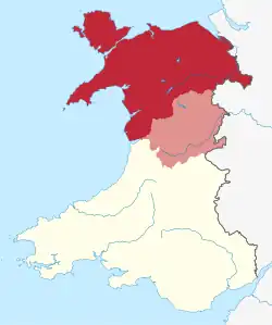 Historical extent of North Wales (red and lighter red), Montgomeryshire (lighter red) is sometimes also considered Mid Wales. Other cultural definitions of North Wales vary.