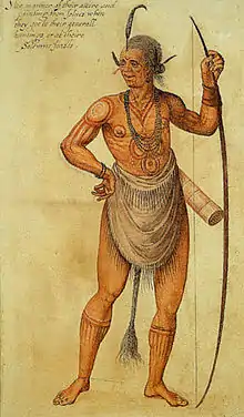 Warrior of the Secotan Indians in North Carolina. Watercolour painted by John White in 1585.