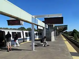 A San Francisco/Daly City-bound train at Bay Fair station, 2017