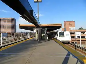 A northbound train leaving Concord station, 2020