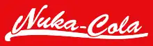 A logo with white text on a red background. The text cursively reads "Nuka-Cola" and is underlined in white.