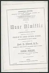  Printed cover page of musical score, using different fonts and "Respectfully dedicated to the Revd. R. Allwood, B.A., incumbent of St. James' and Canon of the cathedral church of St. Andrew", for use in a service at St Andrew's