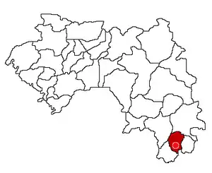 Location of Nzérékoré Prefecture and seat in Guinea.