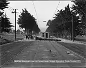 Workers blockade tracks to stop the streetcars from running.