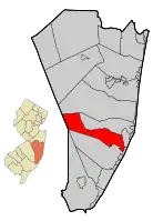 Location of Barnegat Township in Ocean County highlighted in red (right). Inset map: Location of Ocean County in New Jersey highlighted in orange (left).